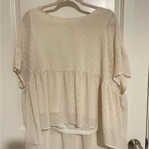 L, cream, textured overlay, polyester under shirt attached, high low, blouse